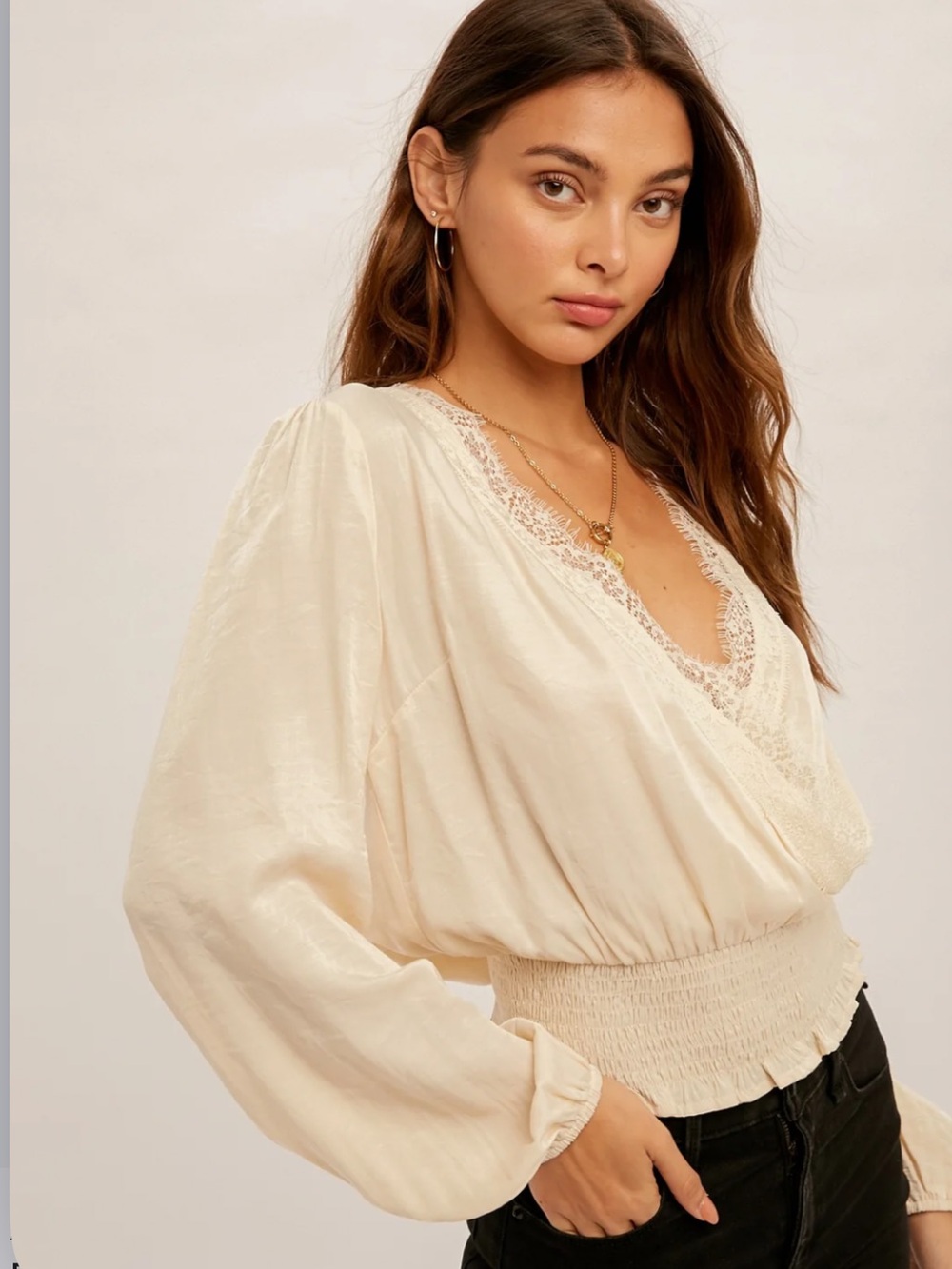 dolan Cream Lace-Trim Smocked-Waist V-Neck Blouse